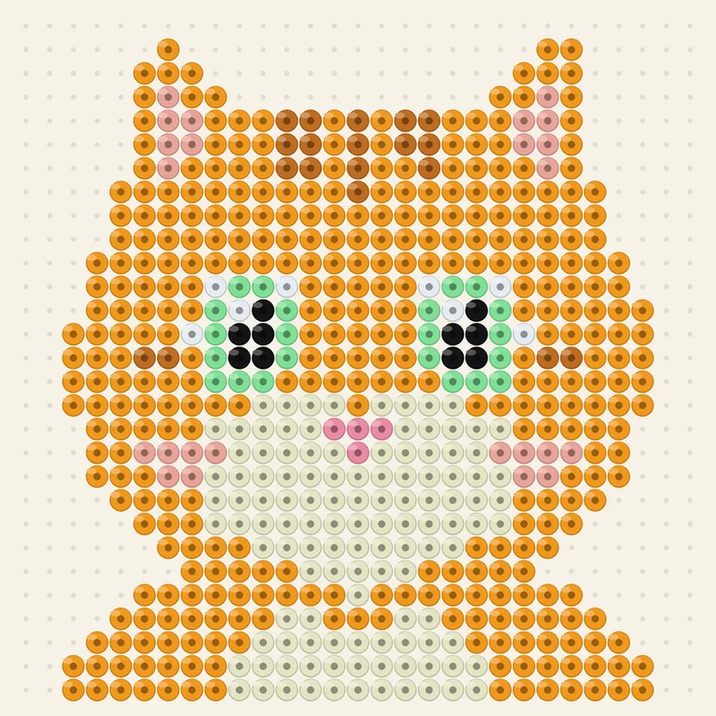 The same kitten as a fuse bead pattern: rows of round orange, cream, green and pink beads on a pegboard.