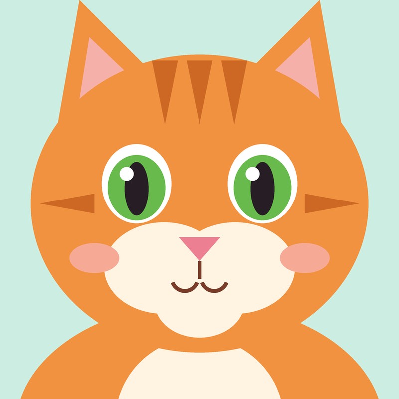 Illustration of an orange tabby kitten with green eyes on a mint background.